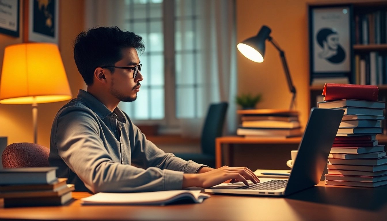 Student engaged in รับทำวิจัย รับทำวิทยานิพนธ์ project at a well-organized desk.