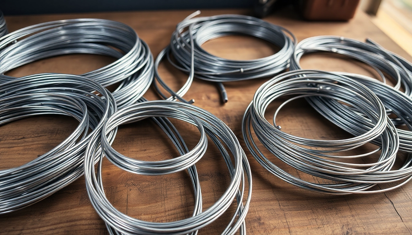 Showcase of stainless steel wire on a wooden workbench, highlighting various gauges and textures.