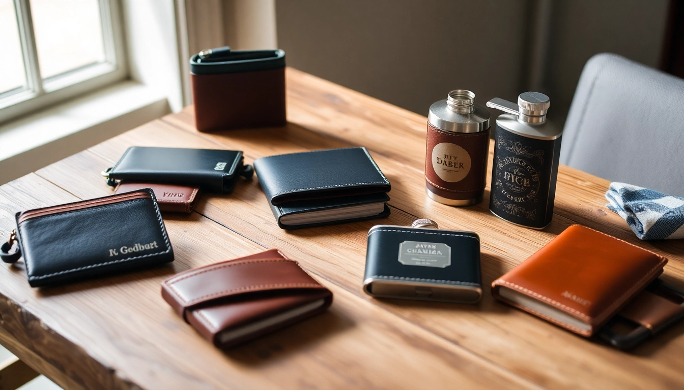 Explore unique cheap groomsmen gifts like personalized wallets and flasks showcased on a rustic wooden table.