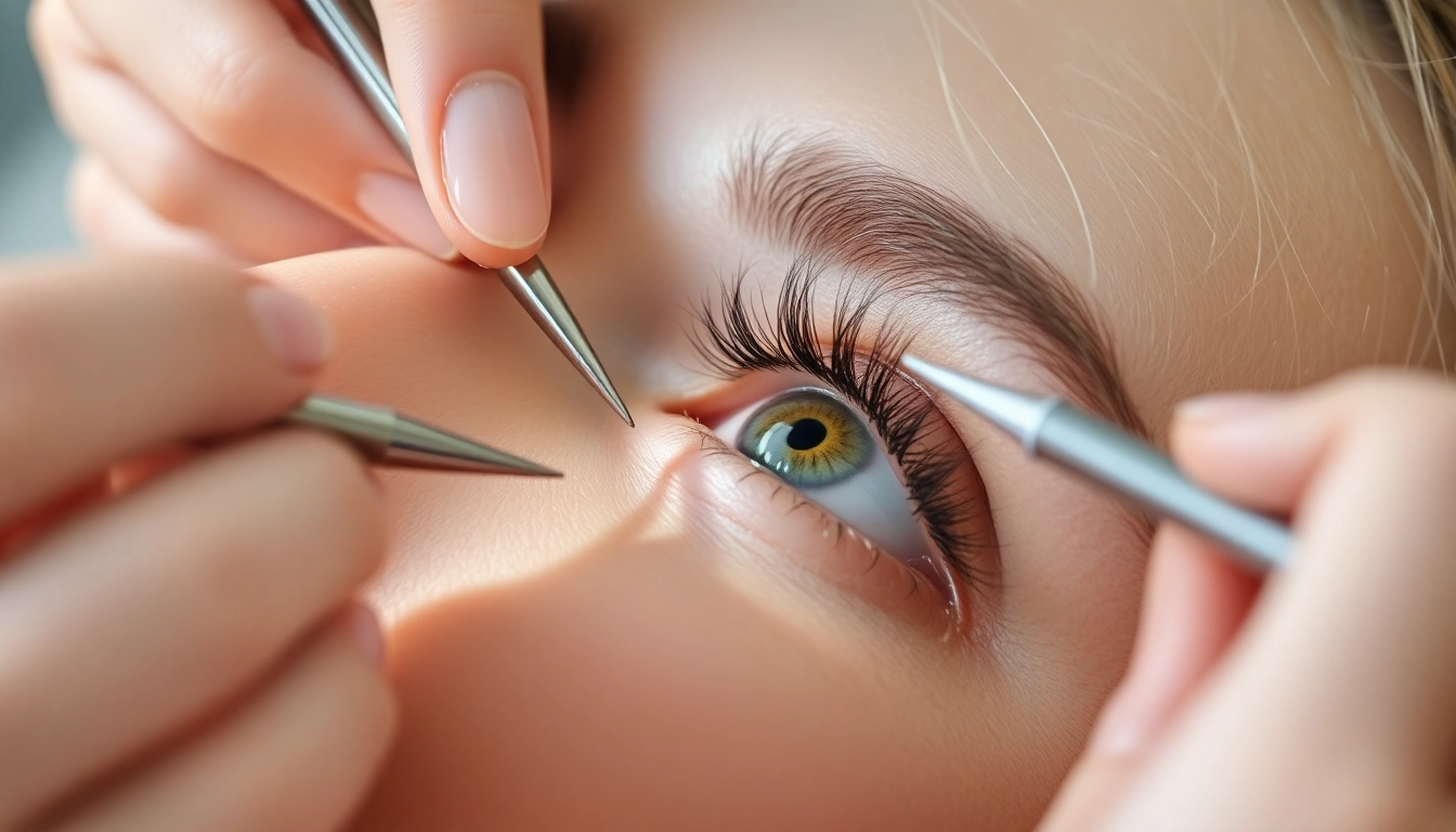 Lash techs applying eyelash extensions on a client with precision and care in a bright salon.