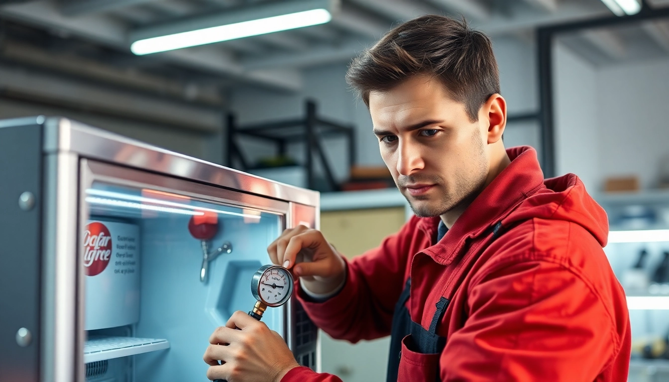 Performing soda cooler repair with tools in a bright workshop.