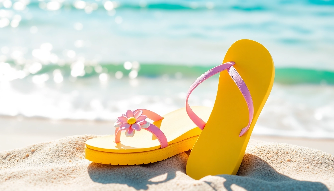 Click Here to see a pair of stylish flip-flops on a beach, perfect for summer relaxation.