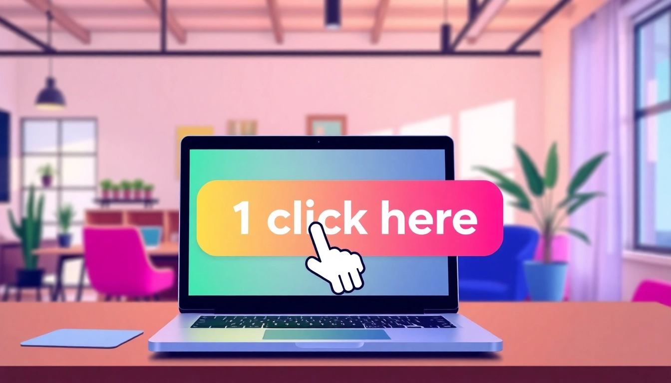 Clicking the "1click here" button on a laptop in a modern workspace, illustrating user engagement.