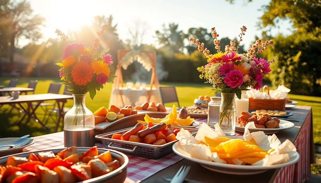 Hochzeit Grill Catering für Berlin: Enjoy a stunning summer barbecue setup featuring delicious grilled dishes and elegant decorations.