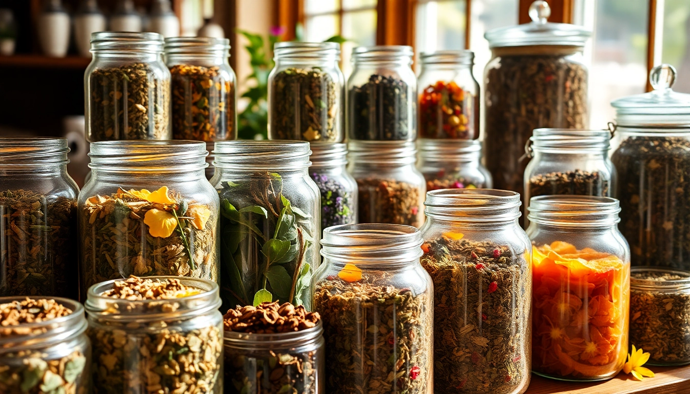 Brewing loose leaf tea blends in vibrant jars showcasing unique herbal varieties.