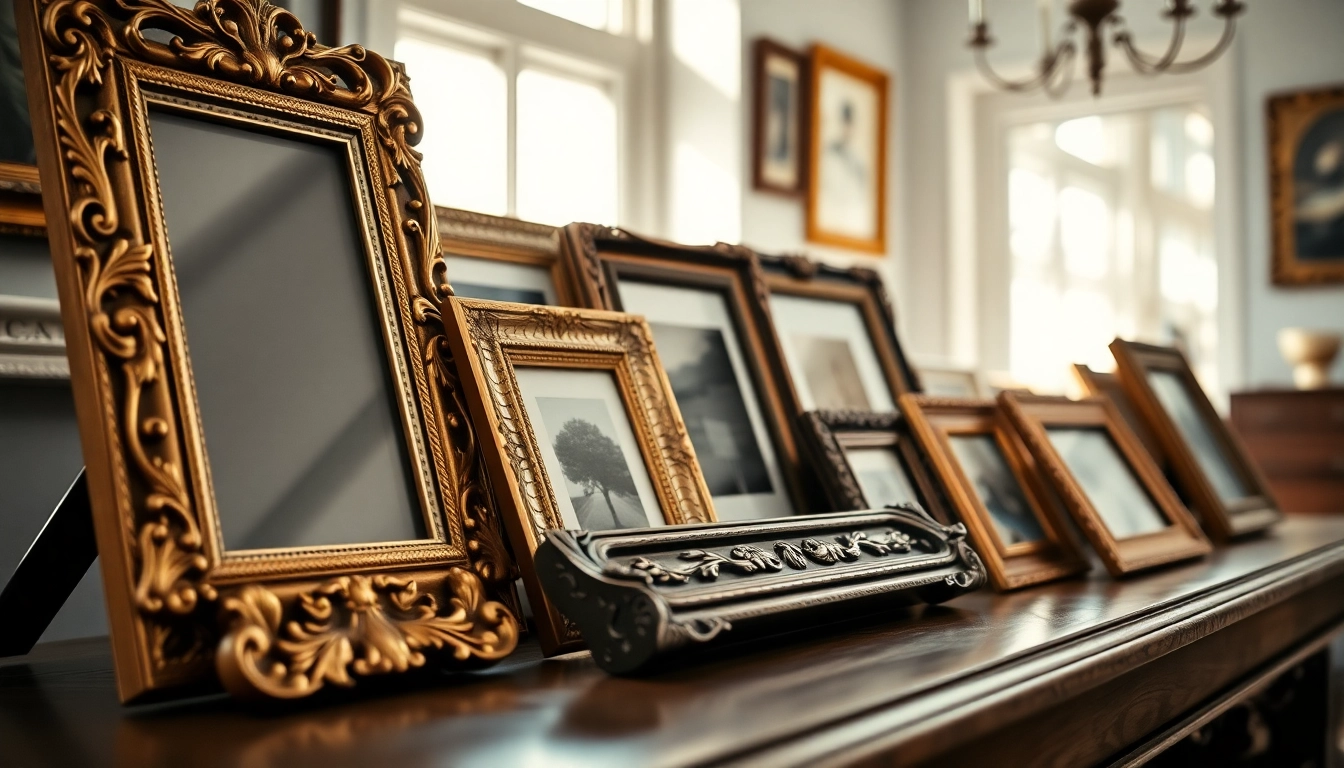 Showcase ornate picture frames arranged elegantly to highlight intricate designs and textures.
