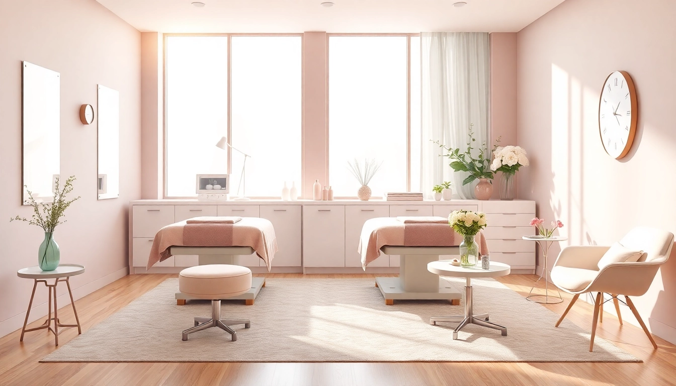 Gestalten Sie eine moderne kosmetikstudio Einrichtung mit eleganten Möbeln und beruhigenden Farben.