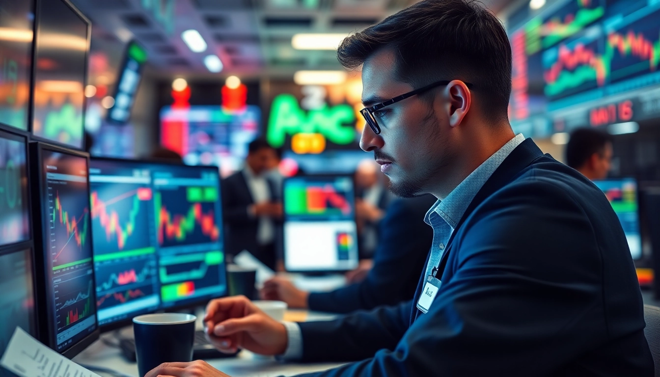 Engaged trader analyzing financial charts focusing on trade futures in a busy trading environment.