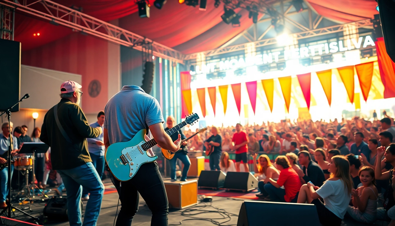 Musicians playing energetic music at a vibrant festival, engaging the lively crowd in rhythm.
