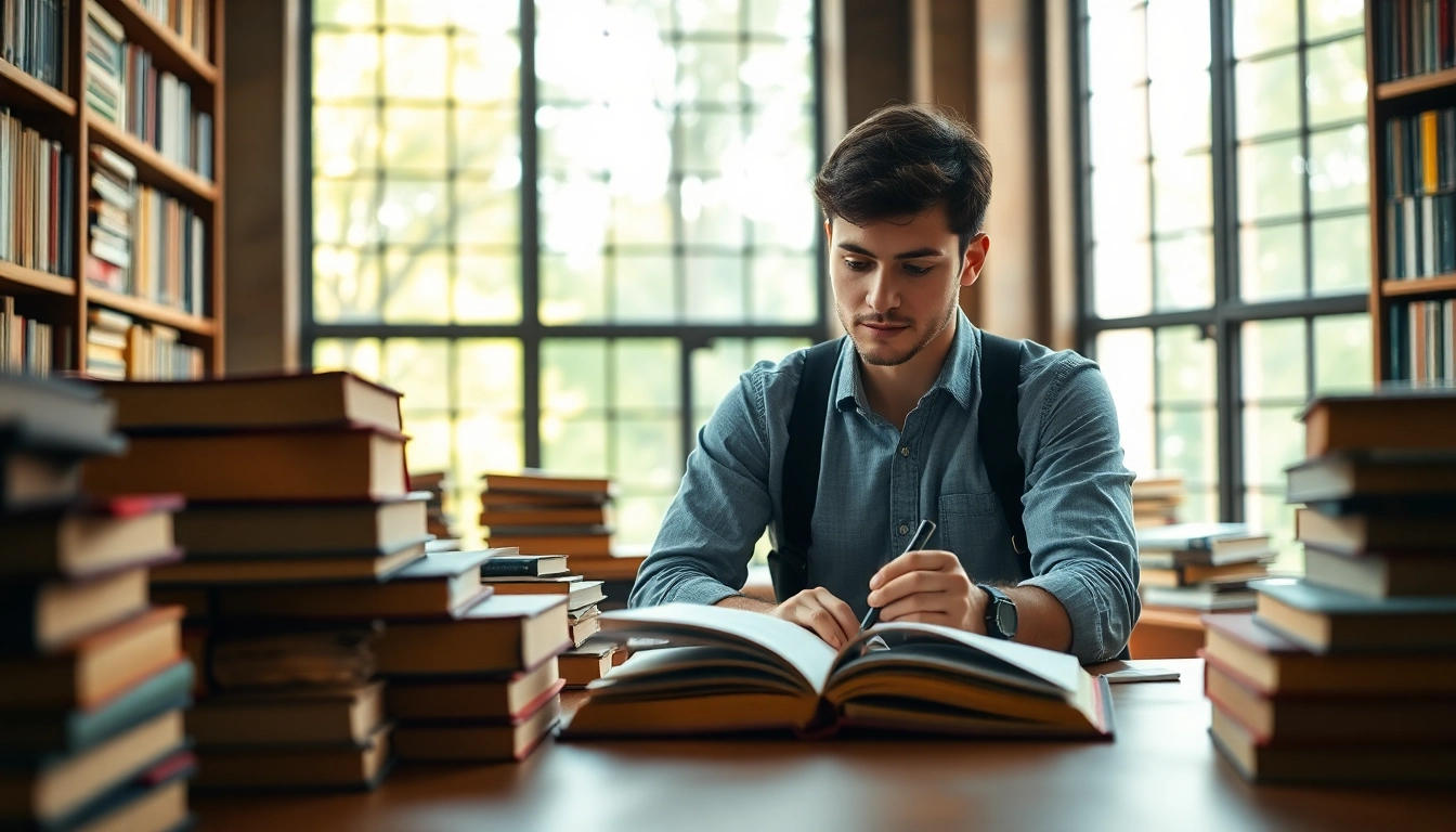 Concentrated student studying for an original university degree UK with books in a warm library setting.