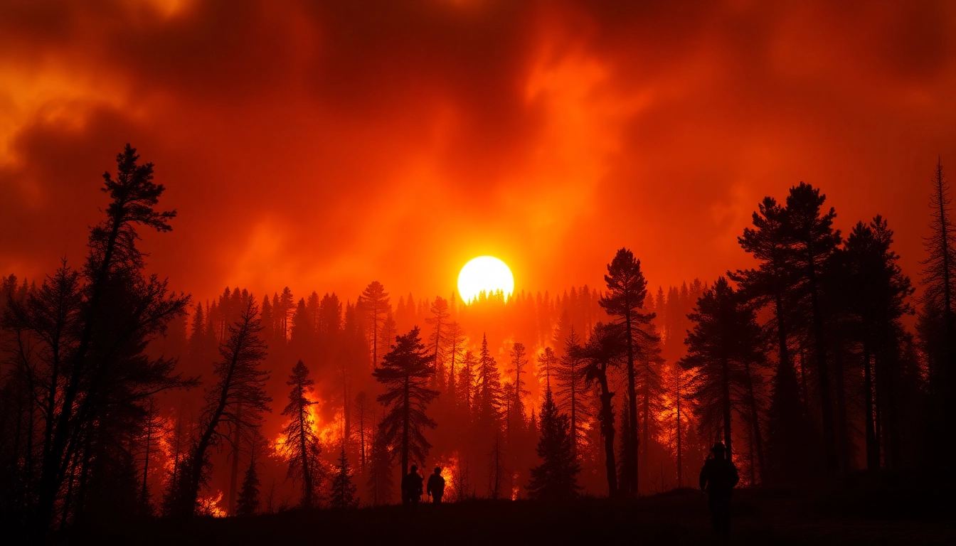 Firefighters combatting wildfire events amidst encroaching flames and smoke.