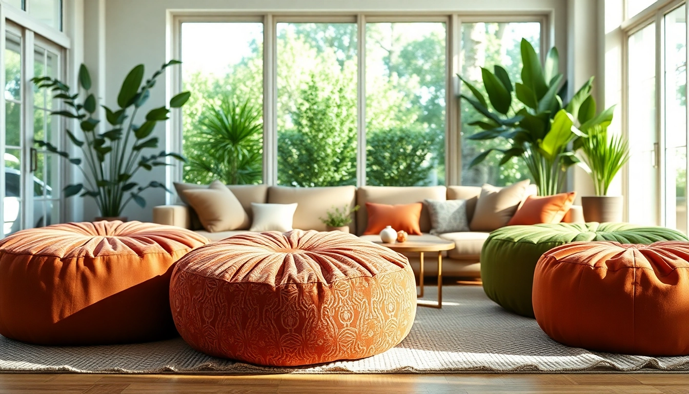 Cactus silk Poufs showcasing vibrant textures in a bright living room setting.