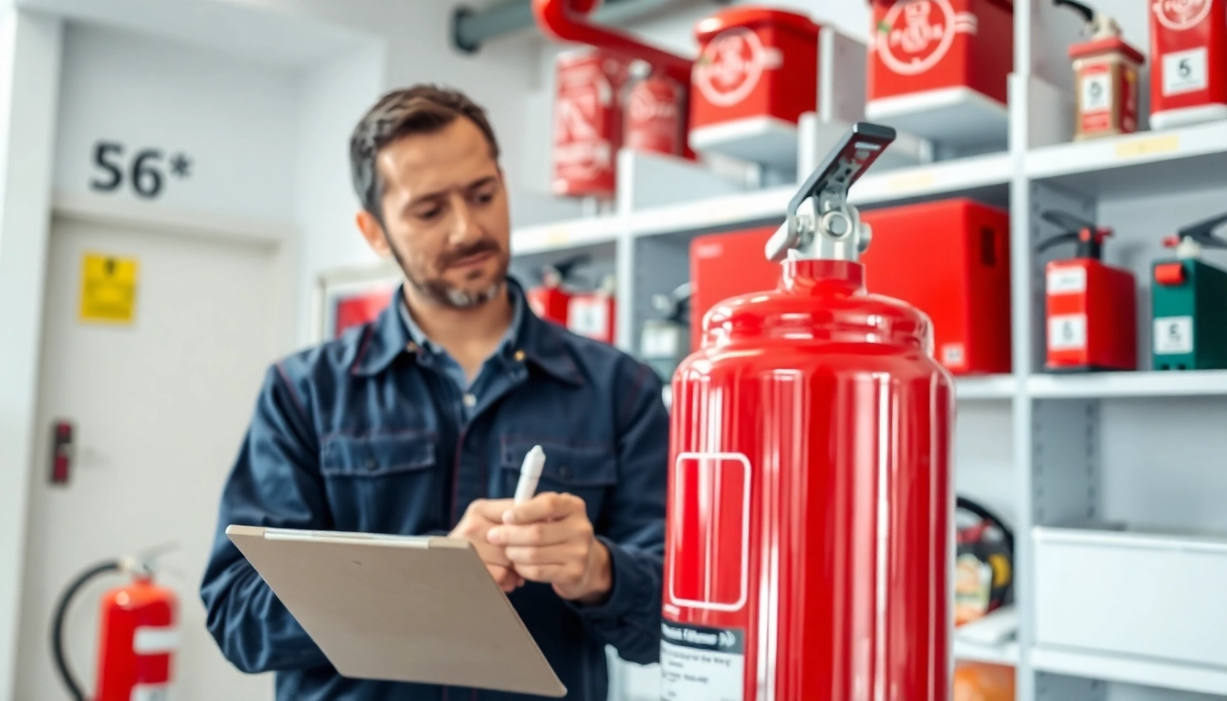 Fire extinguisher servicing Lichfield team inspecting equipment to ensure safety compliance.