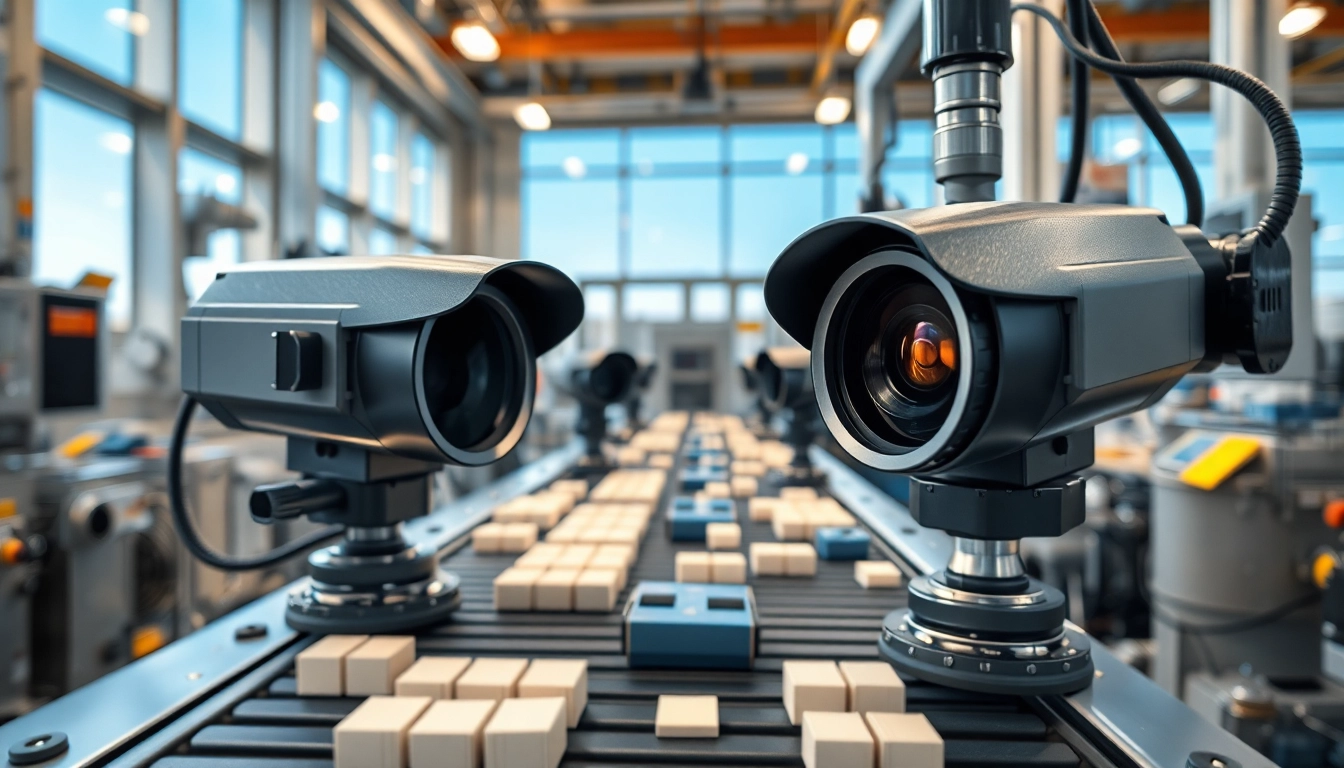 Showcasing a machine vision system inspecting products in an industrial setting with advanced cameras.