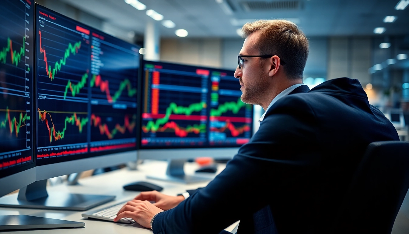 Trader analyzing trade futures data on multiple screens in a modern office.