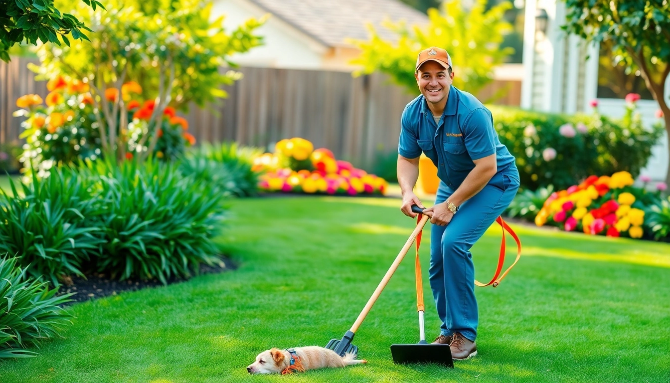 Affordable pooper scooper service San Antonio: smiling worker efficiently handling dog waste cleanup.