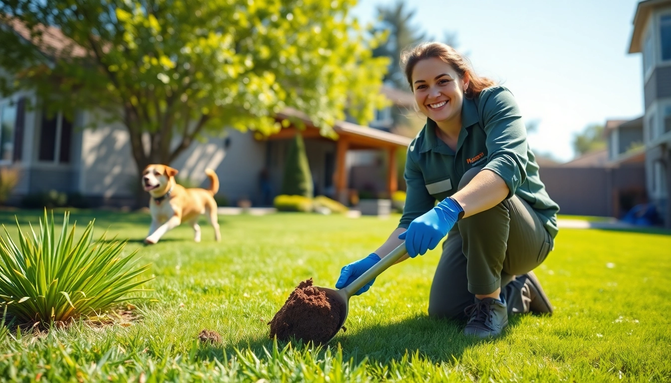 Dog poop cleaning service technician happily scooping waste in a clean, green backyard.