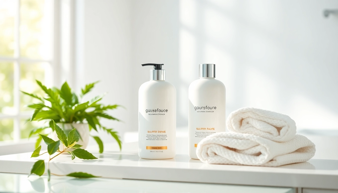 Showcasing sulfate free shampoo bottles arranged elegantly on a vanity in a serene bathroom setting.