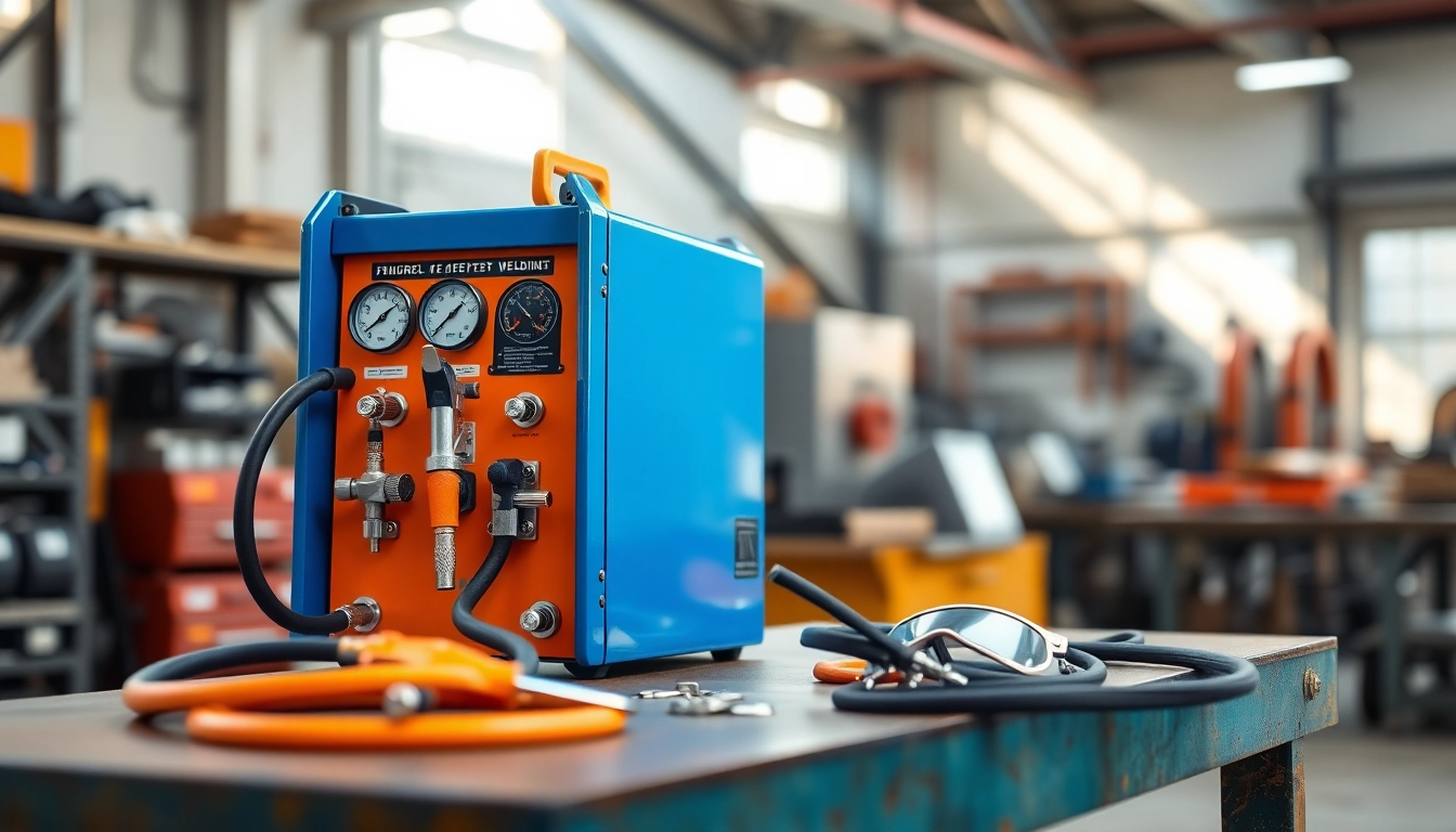 Showcasing the oxy acetylene welding kit with detailed tools and accessories in a vibrant workshop setting.