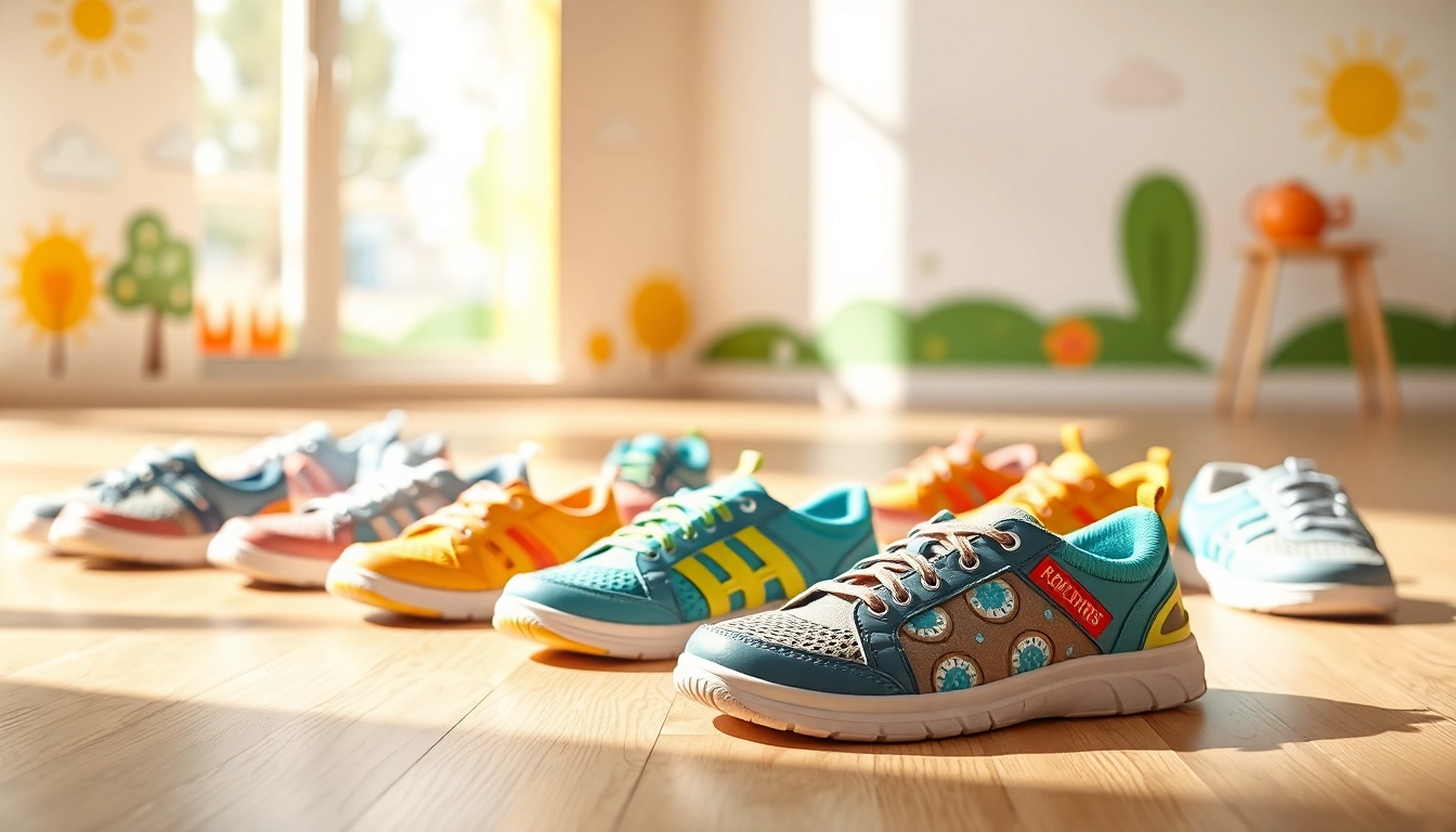Atmungsaktive Kinderschuhe in verschiedenen Farben und Designs zeigen ihren Komfort für Kinder.