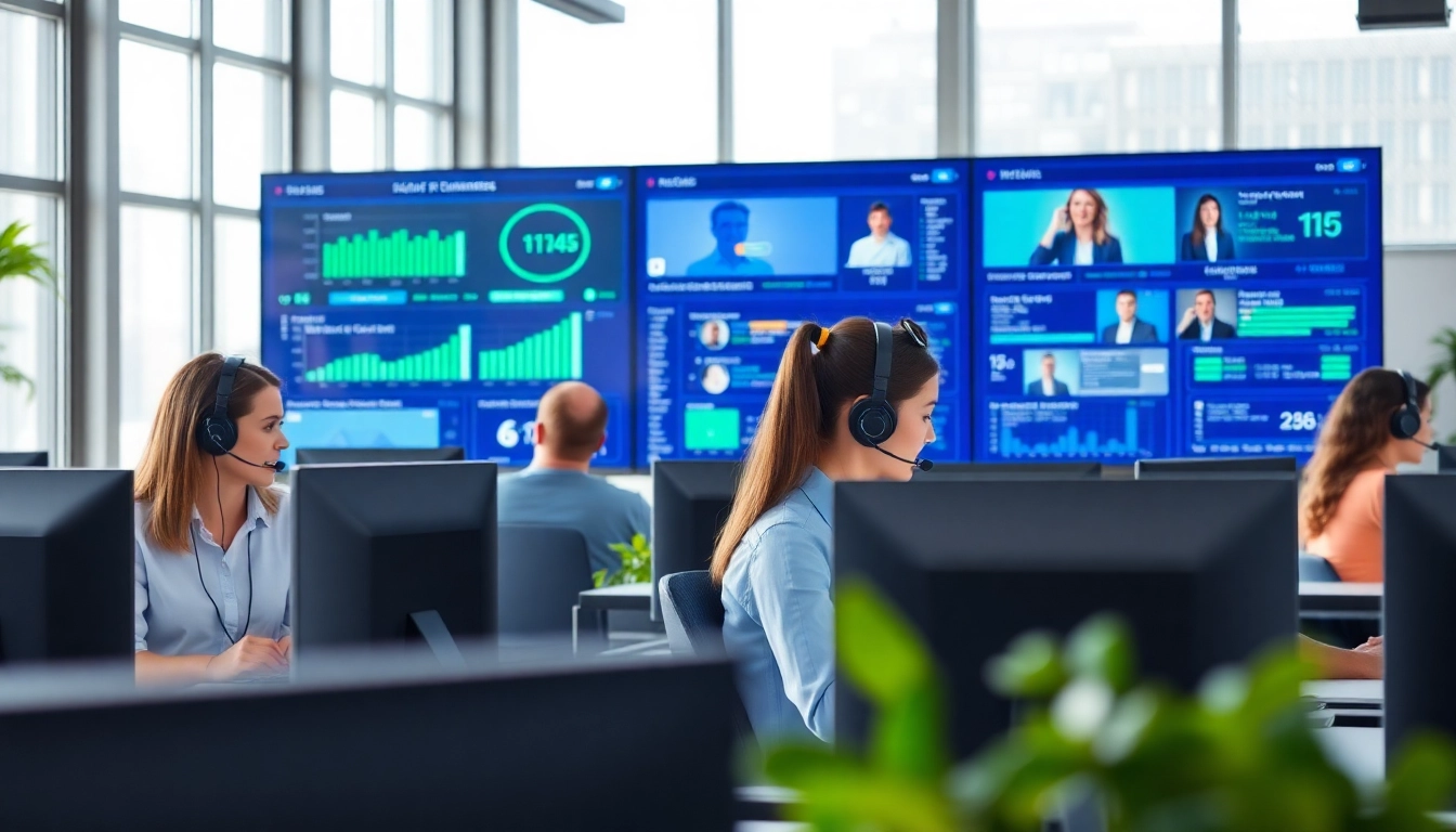 Enhance customer experience with Call Center Solutions showcased in a professional office environment.
