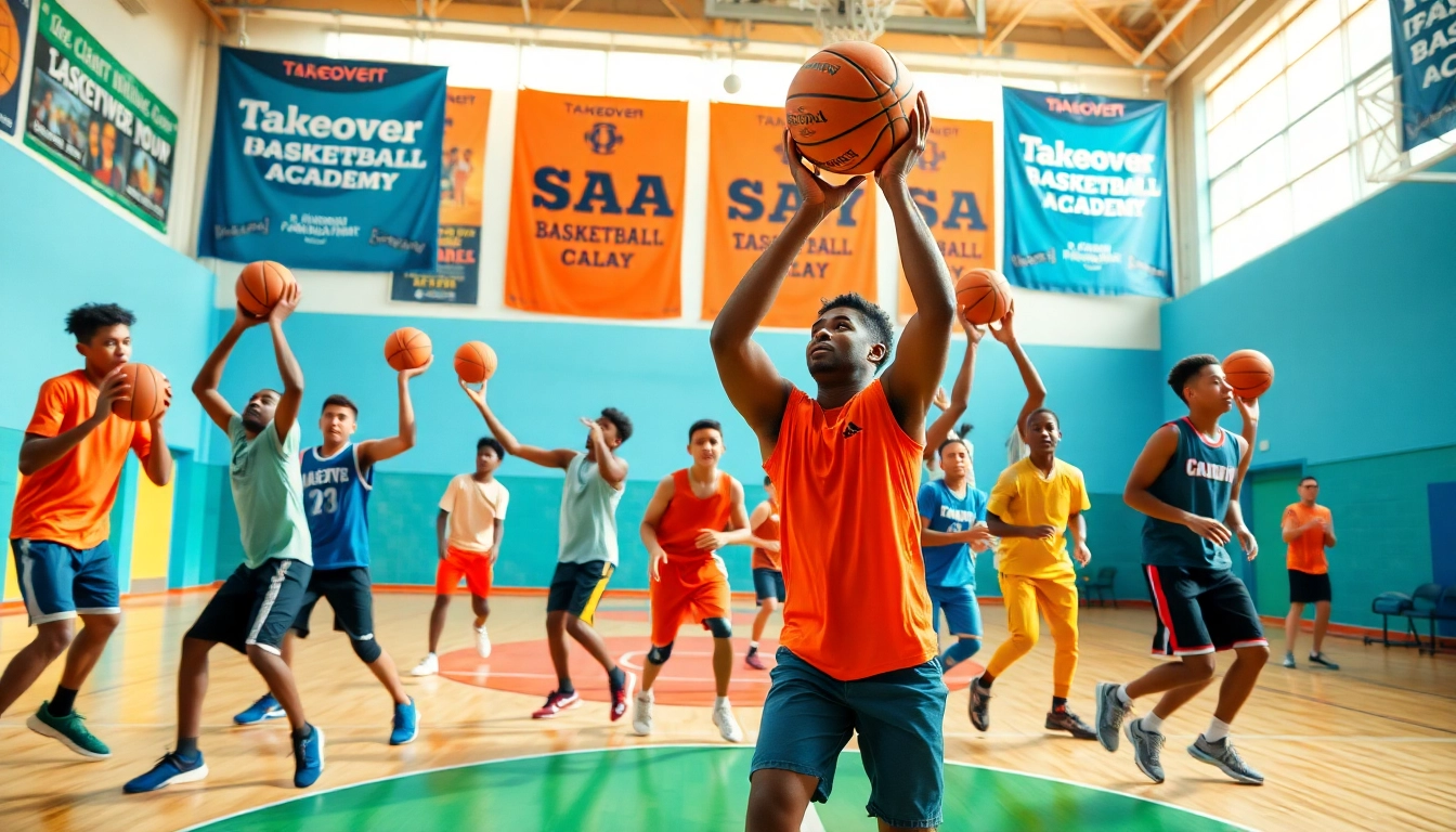 Youth athletes training at the Takeover Basketball Academy, showcasing skills and teamwork.