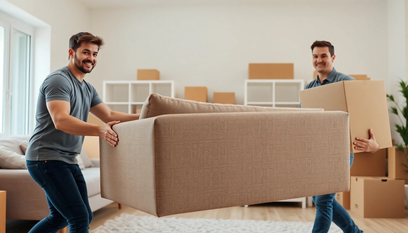 Efficient house moves captured as professional movers pack and transport boxes in a bright living room.