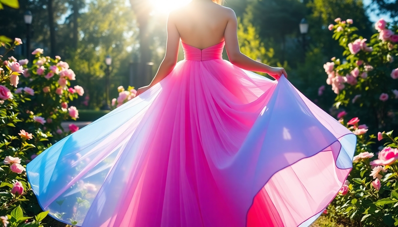 Stunning bride in colourful wedding dresses, showcasing elegant designs in a beautiful garden setting.