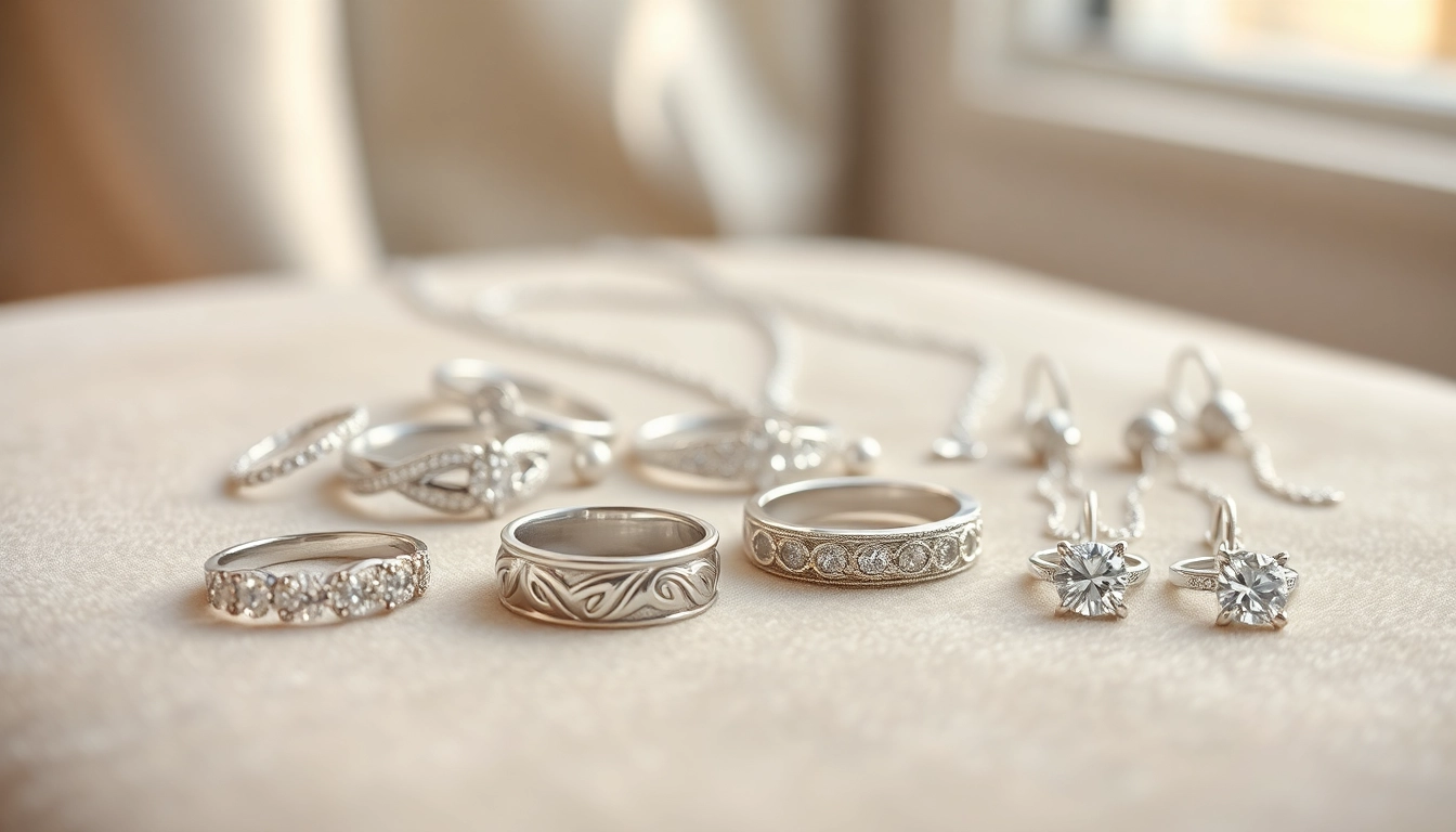 Showcase beautiful silver jewelry pieces, including rings and necklaces, on a plush surface.