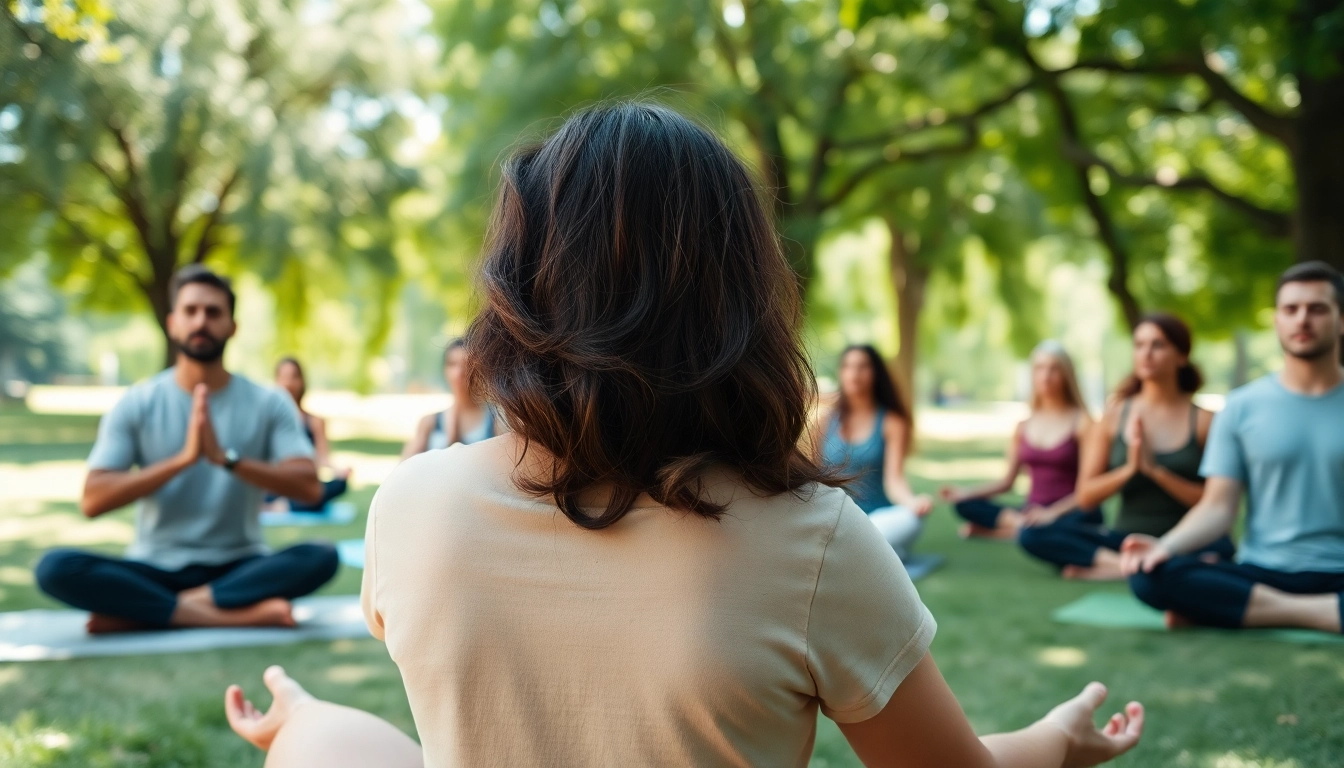 Individuals practicing mindfulness techniques for dealing with stress outdoors.