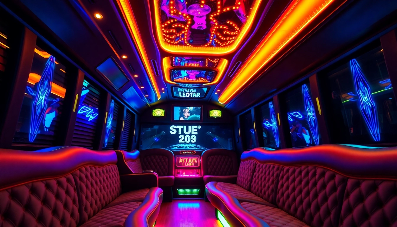 Enjoy a fun ride on an Atlanta party bus featuring luxurious seating and vibrant lighting.