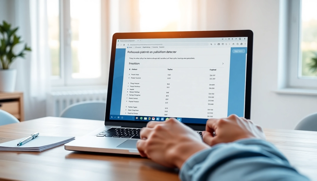 Use the plagiarism detector tool displayed on a laptop to check text originality accurately.