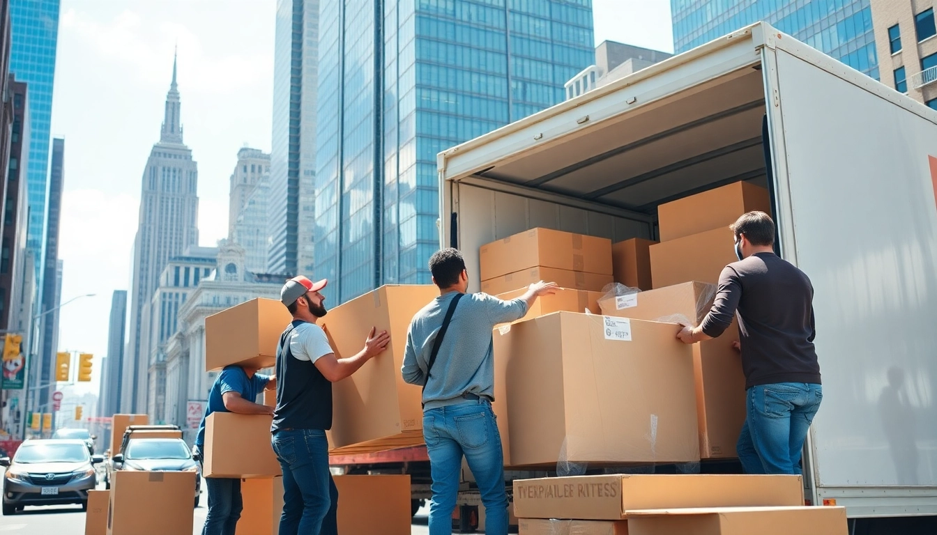 Movers nyc efficiently packing and loading furniture in a vibrant New York City setting.
