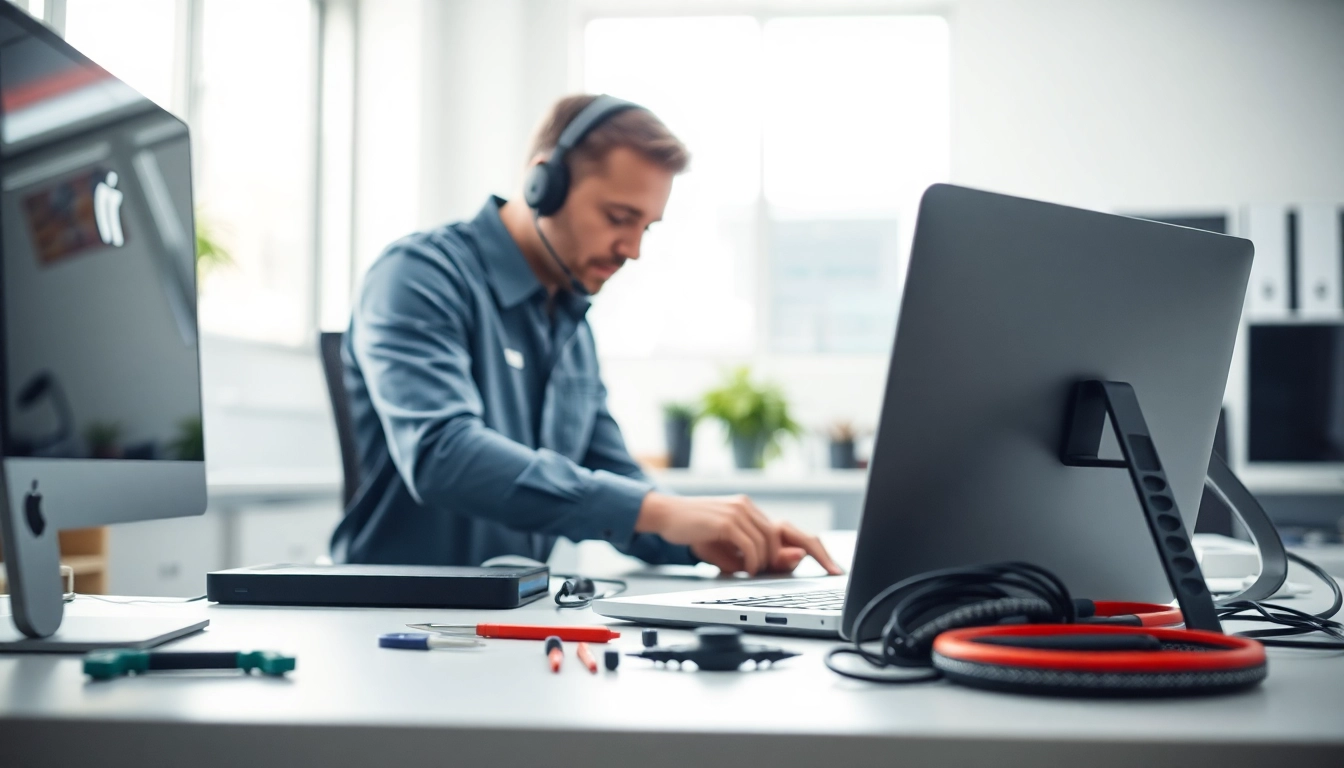Technician providing computer services with focus on repair and support in a modern office.