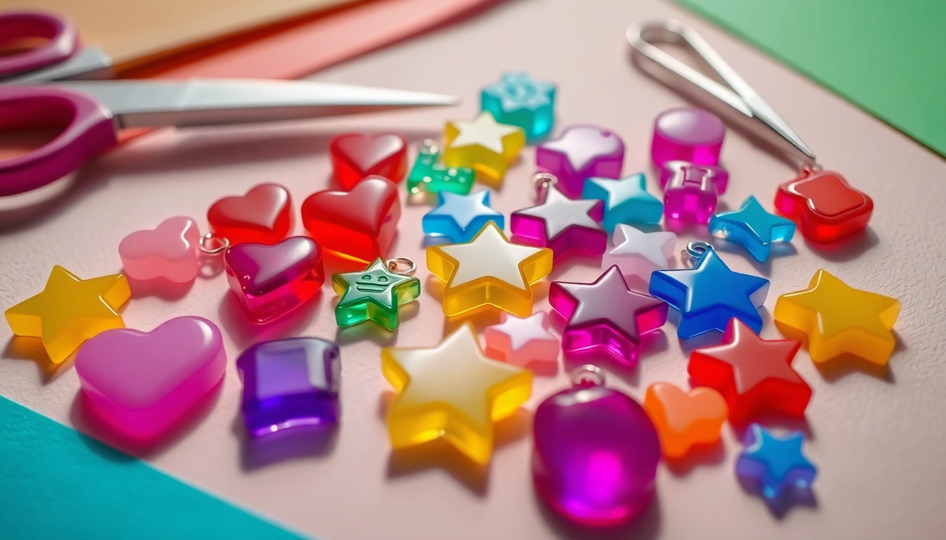 A collection of acrylic charms showcasing unique designs against a pastel background.