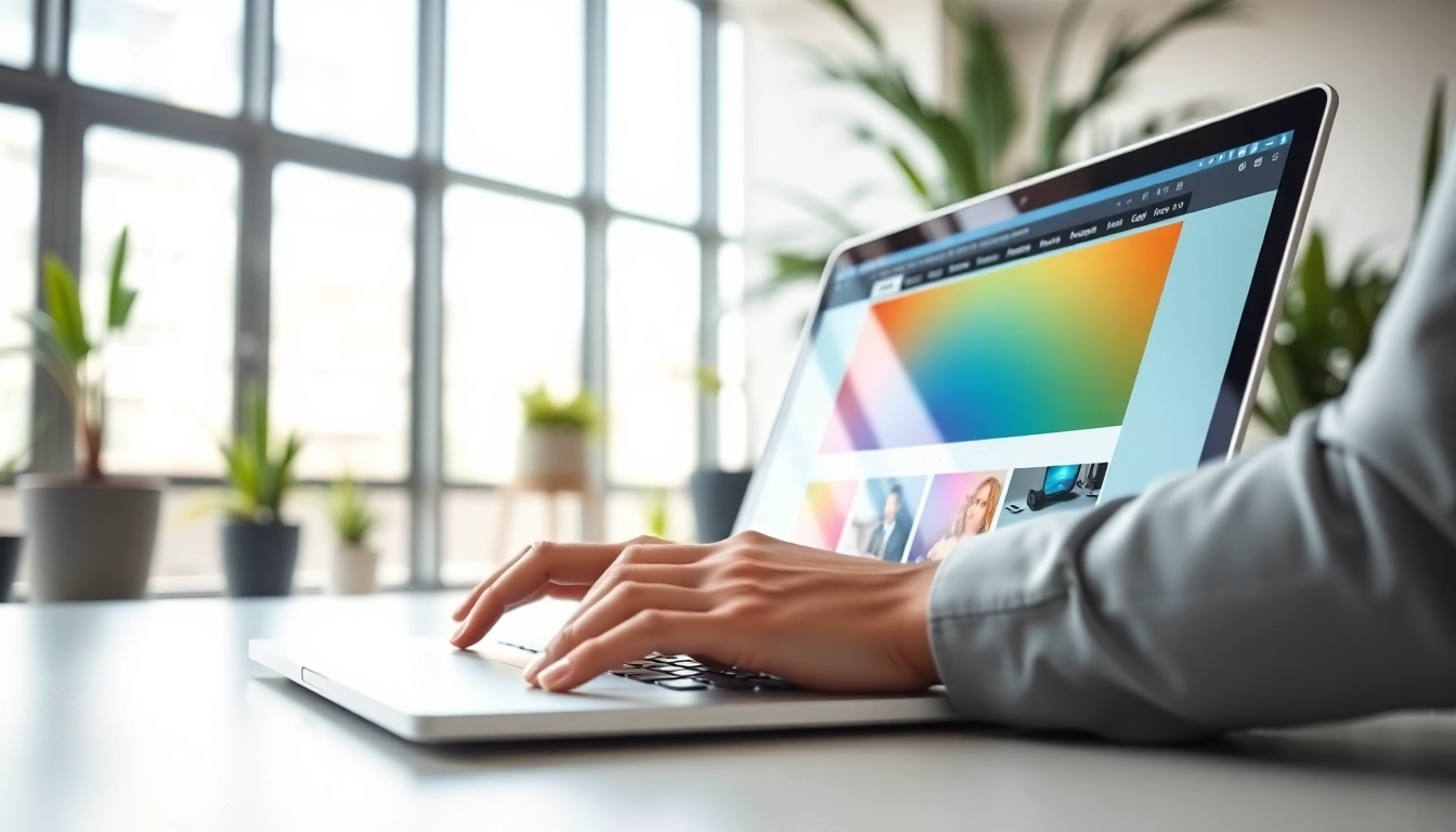 Showcasing innovative website design elements with a designer at work on a laptop.