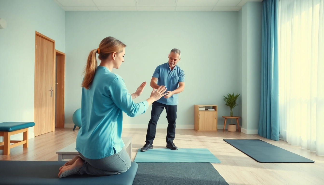 Arthrose rehabilitative exercises illustrated with a physiotherapist and patient.