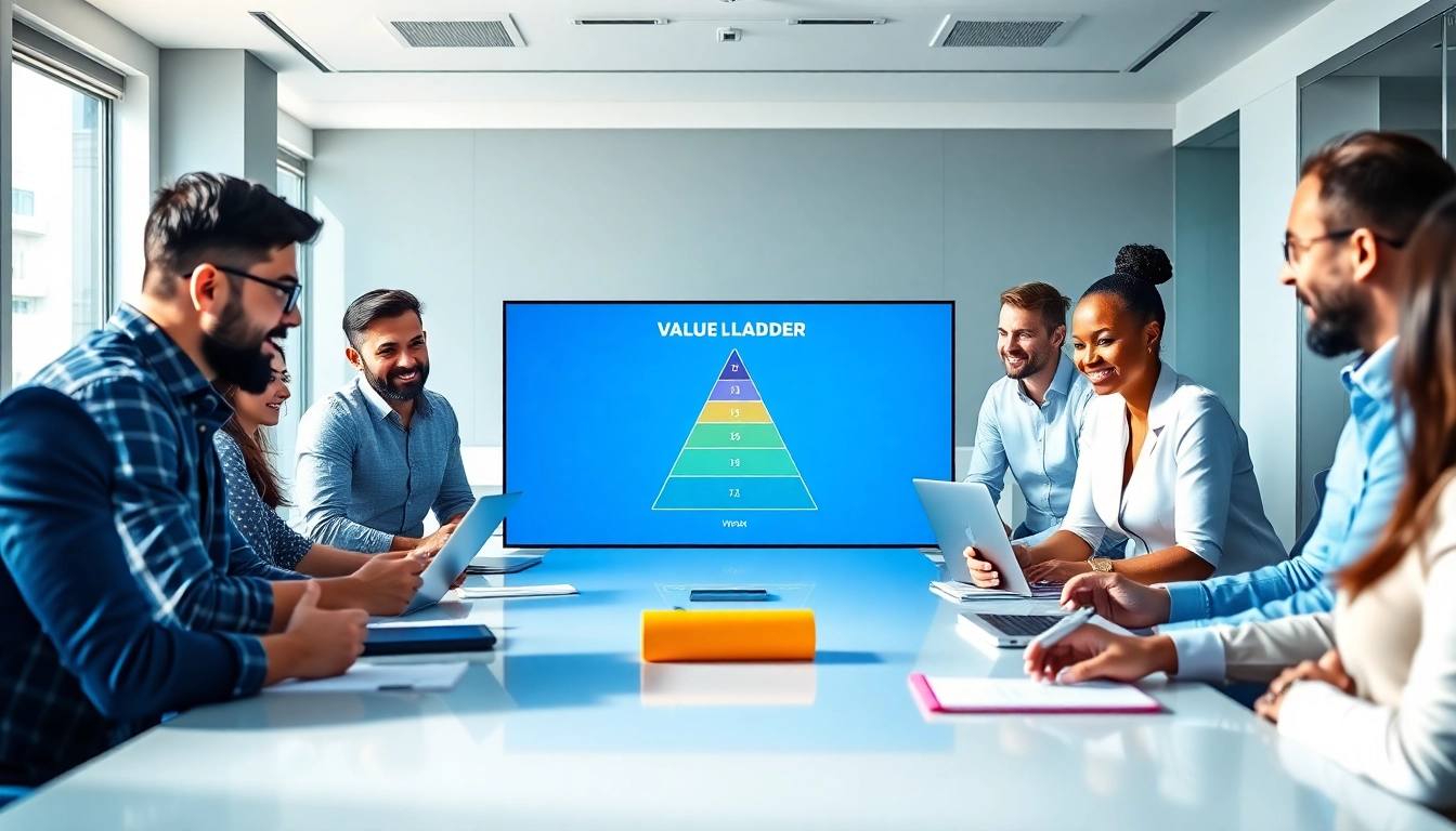 Illustration of a marketing strategy using Russell Brunson’s value ladder in a business meeting.