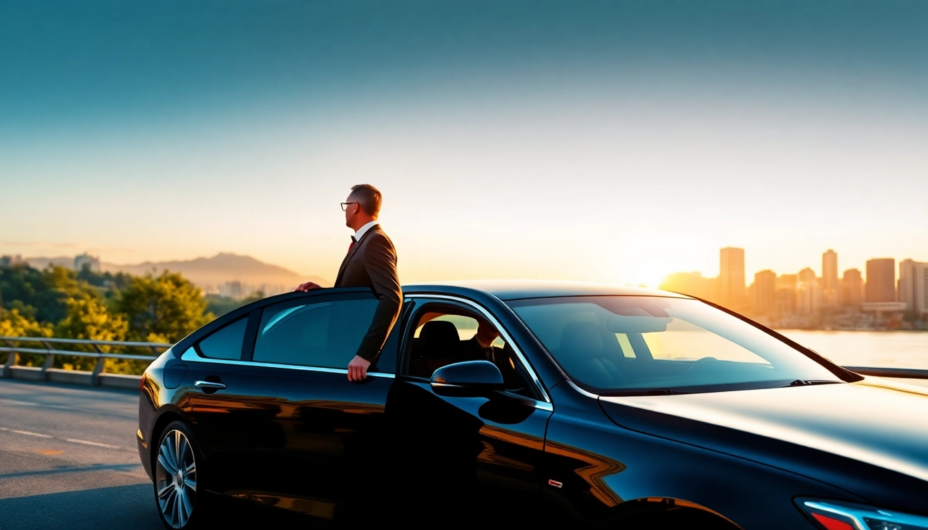 Luxury car service Vancouver BC with a chauffeur presenting a sleek sedan in the city.