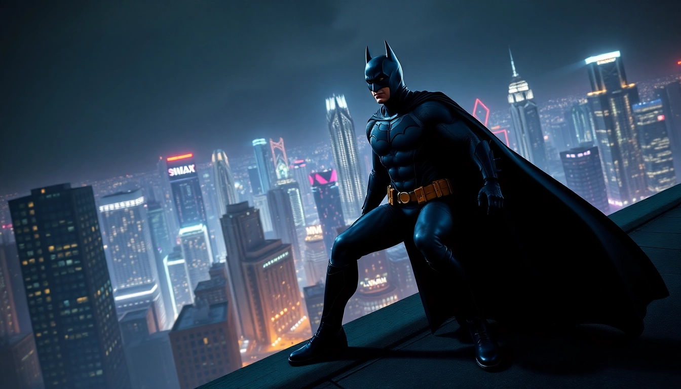 Bermain game batman138 dengan karakter superhero yang menonjol di latar kota yang bercahaya.