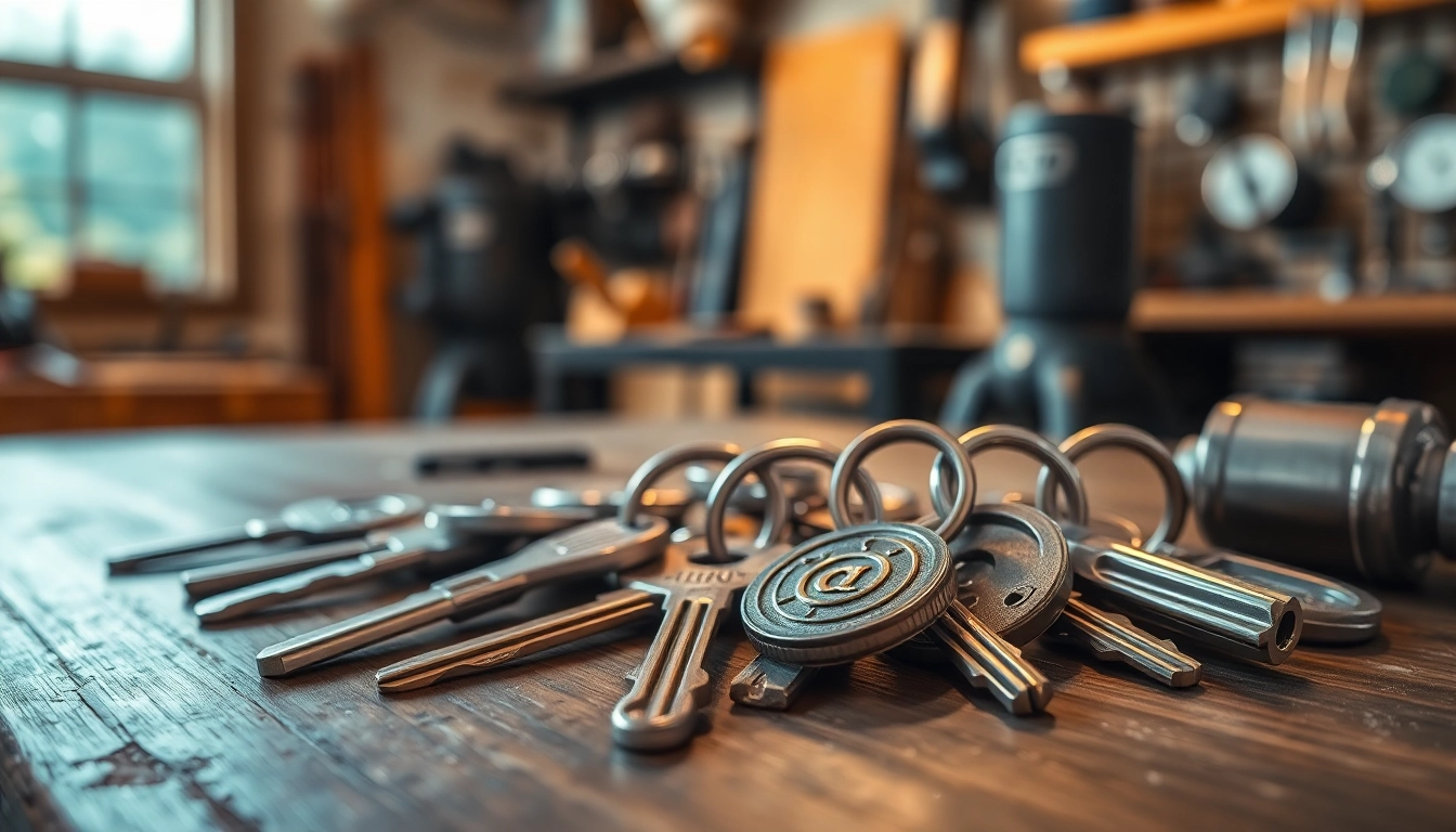 Close-up of Truck Keys showcasing various designs against a workshop backdrop.