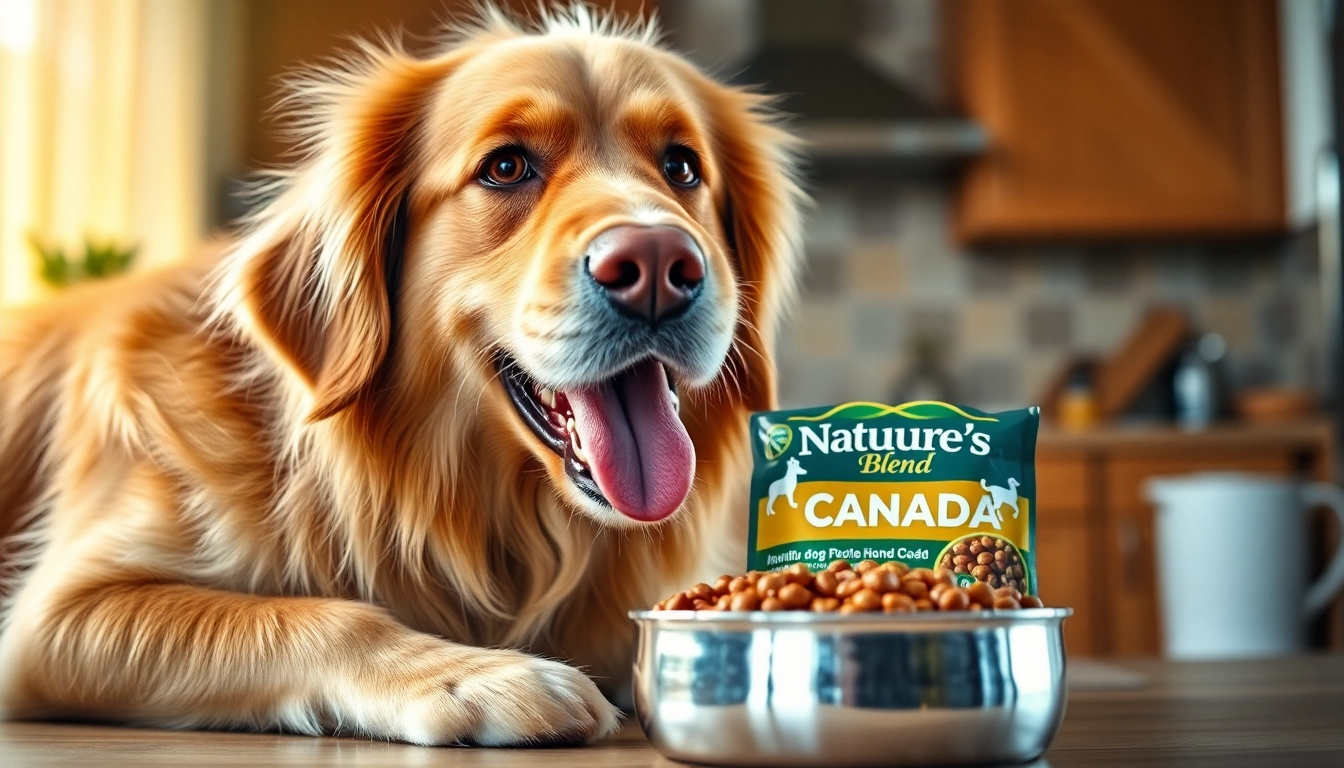 Feeding time for a golden retriever enjoying nature's blend dog food Canada, highlighting pet nutrition.