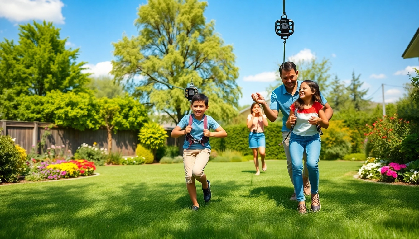 Family enjoying a GARDEN ZIP WIRE KIT in a lush backyard under a clear blue sky.