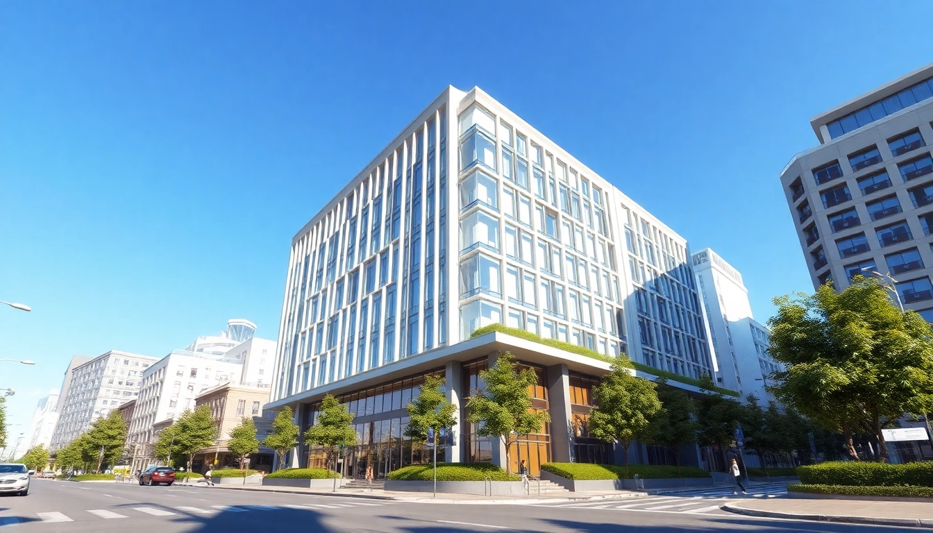 3d visualisierung einer modernen Architektur in urbaner Umgebung mit klaren Details.