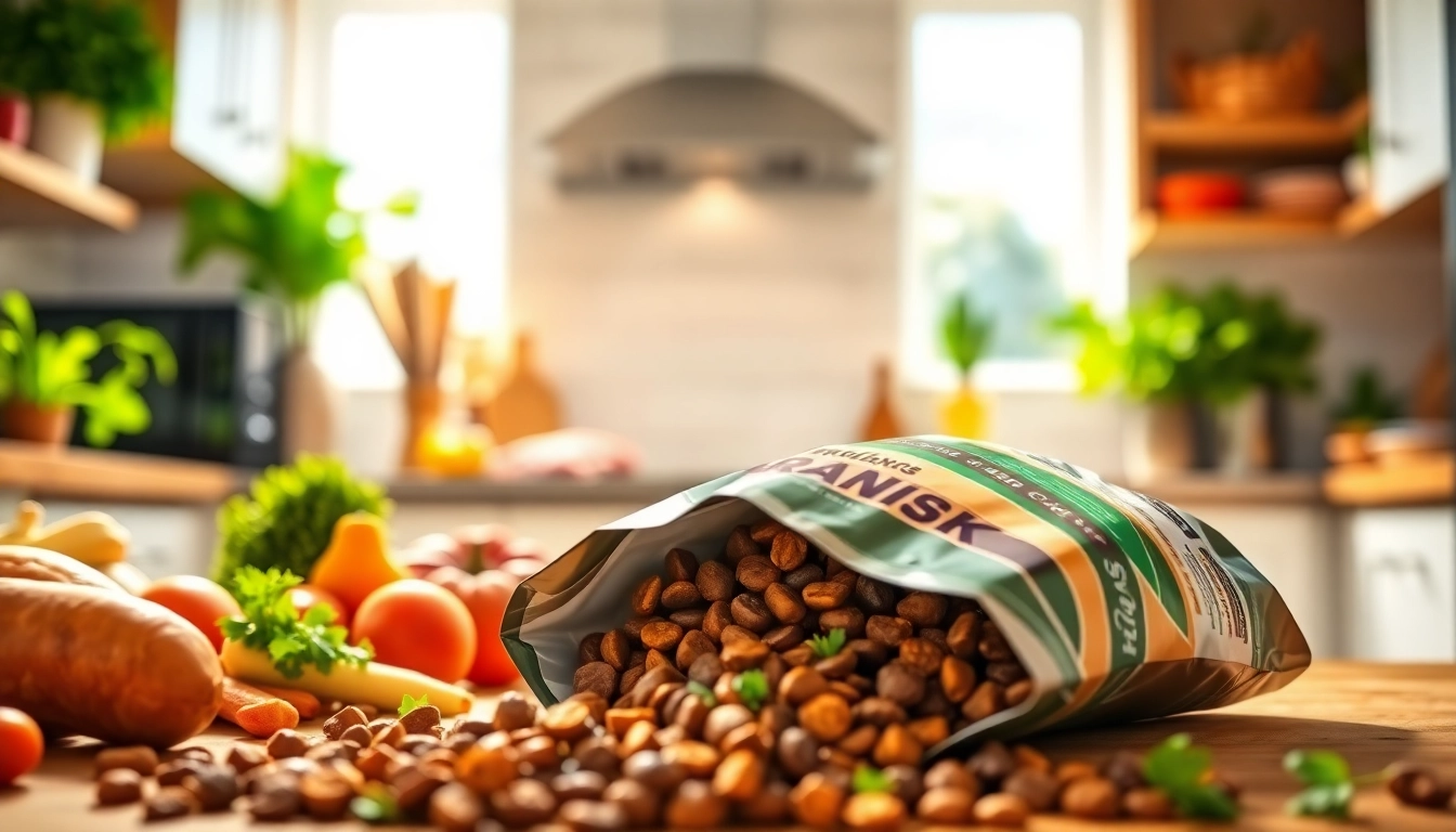 Showcase of badlands ranch dog food with fresh ingredients in an inviting kitchen setting.