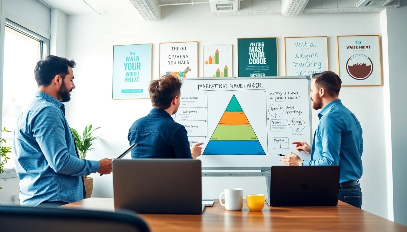 Implementing a marketing strategy using Russell Brunson’s value ladder with a professional team in a bright office.