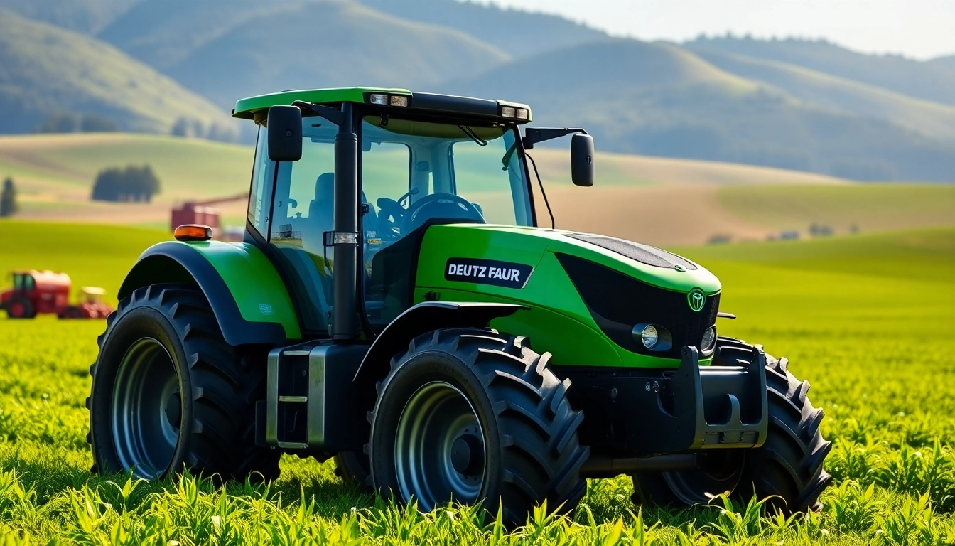 Deutz Fahr Traktor in einem grünen Feld mit schöner Landschaft und landwirtschaftlichem Umfeld.