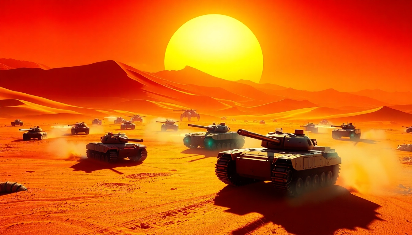 Engage in Dune 2 download featuring tanks battling sandworms in a vibrant desert setting.