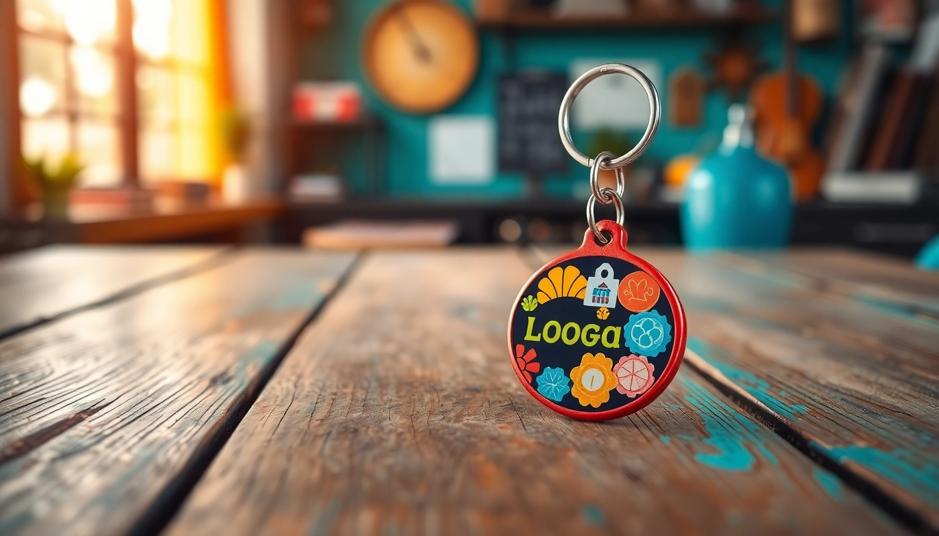 Showcase a vibrant custom key chain with a unique design on a rustic wooden surface.