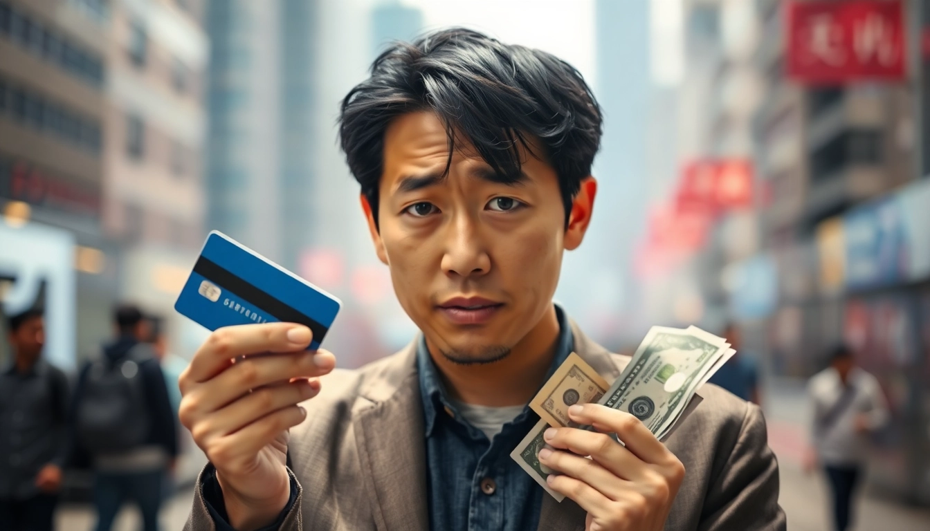 카드깡을 고민하는 사람의 손에 신용카드와 현금을 쥐고 있는 장면.